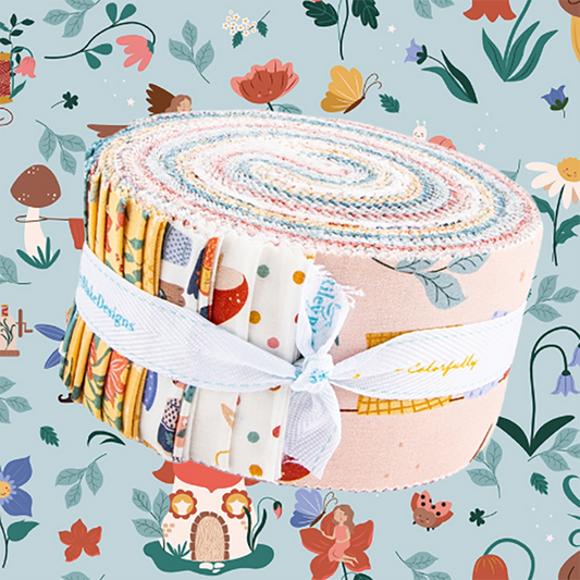 cotton fabric thimbelina collection from riley blake  roie polie / strip roll bundle floral and whimsical patterns depicting a fantasy theme combined with sewing   