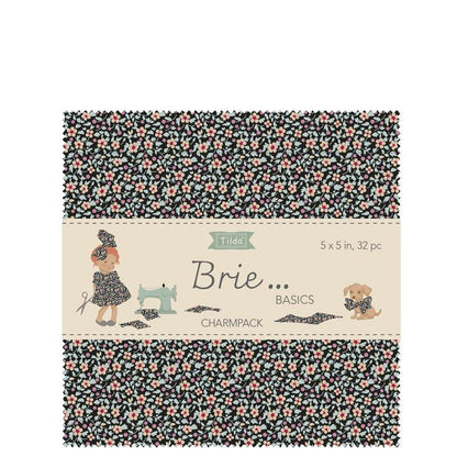 5" charm pack from the  beloved Brie Basics collection by Tilda Fabrics the line features a delightful, small-scale micro-floral print with a distinctive Scandinavian and vintage aesthetic. Originating from Tilda's Creating Memories and Something Blue seasonal ranges, collection is 16 delicate, solid-like blenders. The collection features the identical ditsy floral pattern in 16 colorways, with the main design being tiny, sketched floral blooms scattered across various background colors.