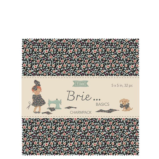 5" charm pack from the  beloved Brie Basics collection by Tilda Fabrics the line features a delightful, small-scale micro-floral print with a distinctive Scandinavian and vintage aesthetic. Originating from Tilda's Creating Memories and Something Blue seasonal ranges, collection is 16 delicate, solid-like blenders. The collection features the identical ditsy floral pattern in 16 colorways, with the main design being tiny, sketched floral blooms scattered across various background colors.