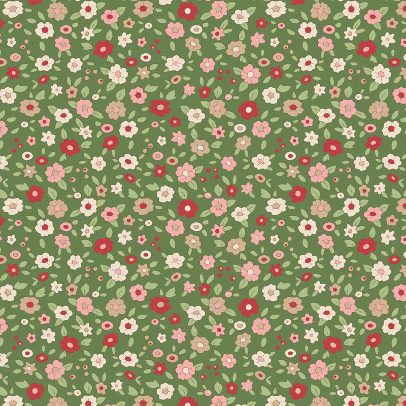 The Evie Green fabric is a key print from the Tilda creating memories Winter collection. This pattern is a classic ditsy floral print featuring small pink, red, white, and taupe flowers with green leaves tossed over a deep green background. With its small-scale floral design this pattern is intended to remain a staple "basic" in the Tilda line for years to come.