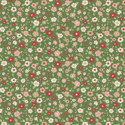 The Evie Green fabric is a key print from the Tilda creating memories Winter collection. This pattern is a classic ditsy floral print featuring small pink, red, white, and taupe flowers with green leaves tossed over a deep green background. With its small-scale floral design this pattern is intended to remain a staple "basic" in the Tilda line for years to come.