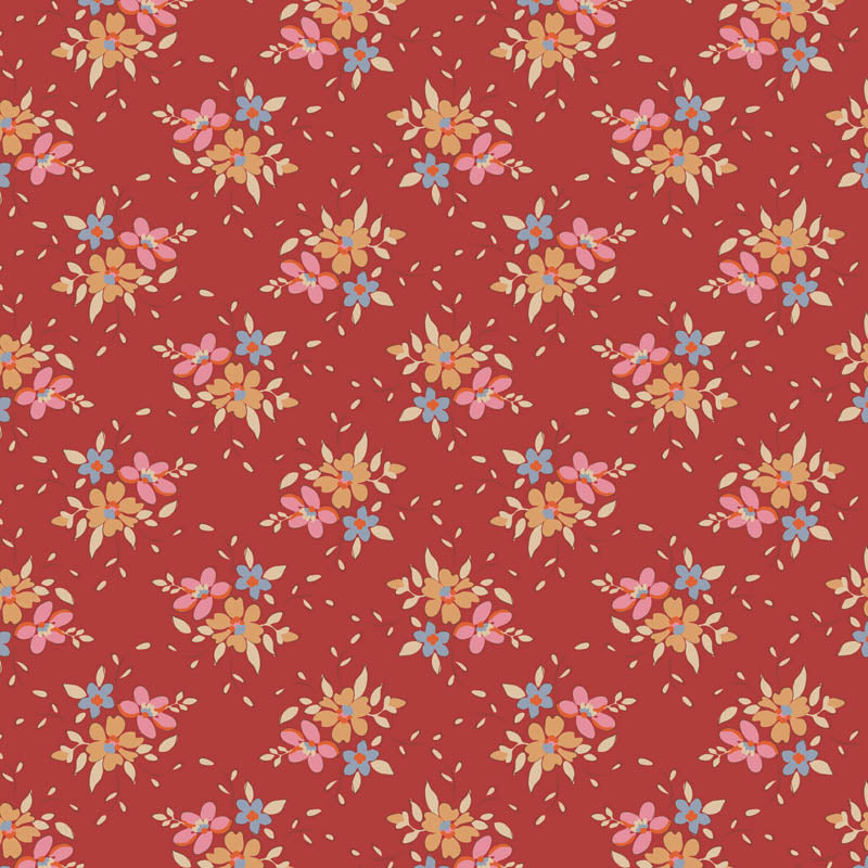 The Tilda Creating Memories Winter bundle pattern Frida Red (130150): Another delicate floral print featuring small red motifs, often used to complement larger patterns in the collection. The collection is a cozy, seasonal basics line by Tone Finnanger, designed for quilting, dolls, and home decor. Focusing on rich red and muted green palettes, it features small-patterned prints, plaids, and wovens intended for winter, Christmas, or year-round projects.