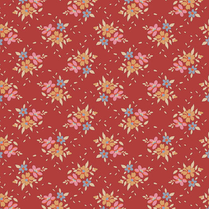The Tilda Creating Memories Winter bundle pattern Frida Red (130150): Another delicate floral print featuring small red motifs, often used to complement larger patterns in the collection. The collection is a cozy, seasonal basics line by Tone Finnanger, designed for quilting, dolls, and home decor. Focusing on rich red and muted green palettes, it features small-patterned prints, plaids, and wovens intended for winter, Christmas, or year-round projects.