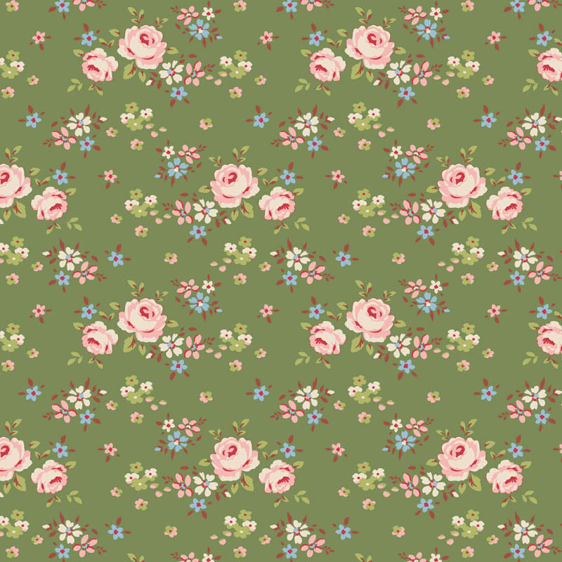 The Tilda Creating Memories Winter bundle pattern Gracie Green (130151): A soft green fabric with a subtle, delicate floral pattern designed to coordinate with the red. The collection is a cozy, seasonal basics line by Tone Finnanger, designed for quilting, dolls, and home decor. Focusing on rich red and muted green palettes, it features small-patterned prints, plaids, and wovens intended for winter, Christmas, or year-round projects.