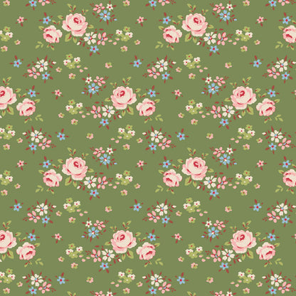 The Tilda Creating Memories Winter bundle pattern Gracie Green (130151): A soft green fabric with a subtle, delicate floral pattern designed to coordinate with the red. The collection is a cozy, seasonal basics line by Tone Finnanger, designed for quilting, dolls, and home decor. Focusing on rich red and muted green palettes, it features small-patterned prints, plaids, and wovens intended for winter, Christmas, or year-round projects.