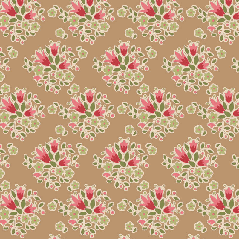 The Tilda Creating Memories Winter bundle pattern lulu sand A neutral, warm sandy-colored fabric featuring a delicate, small-scale botanical pattern that contrasts well with the vibrant reds. The collection is a cozy, seasonal basics line by Tone Finnanger, designed for quilting, dolls, and home decor. Focusing on rich red and muted green palettes, it features small-patterned prints, plaids, and wovens intended for winter, Christmas, or year-round projects.
