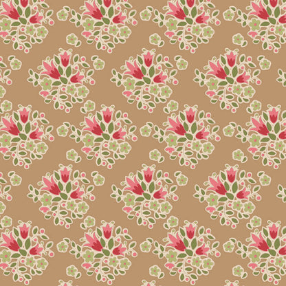 The Tilda Creating Memories Winter bundle pattern lulu sand A neutral, warm sandy-colored fabric featuring a delicate, small-scale botanical pattern that contrasts well with the vibrant reds. The collection is a cozy, seasonal basics line by Tone Finnanger, designed for quilting, dolls, and home decor. Focusing on rich red and muted green palettes, it features small-patterned prints, plaids, and wovens intended for winter, Christmas, or year-round projects.