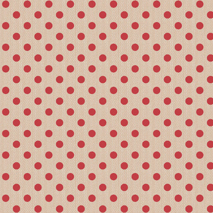 The Tilda Creating Memories Winter bundle pattern Woven Polkadot Red (160080): A woven red fabric featuring a traditional, slightly larger polka dot, adding a playful element.. The collection is a cozy, seasonal basics line by Tone Finnanger, designed for quilting, dolls, and home decor. Focusing on rich red and muted green palettes, it features small-patterned prints, plaids, and wovens intended for winter, Christmas, or year-round projects.