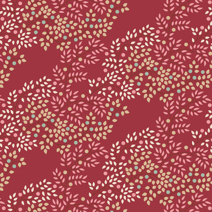The Tilda Creating Memories Winter bundle pattern berrytangle burgundy A detailed, small-patterned botanical print featuring delicate "berries" or floral buds on a deep burgundy-red background. The collection is a cozy, seasonal basics line by Tone Finnanger, designed for quilting, dolls, and home decor. Focusing on rich red and muted green palettes, it features small-patterned prints, plaids, and wovens intended for winter, Christmas, or year-round projects.