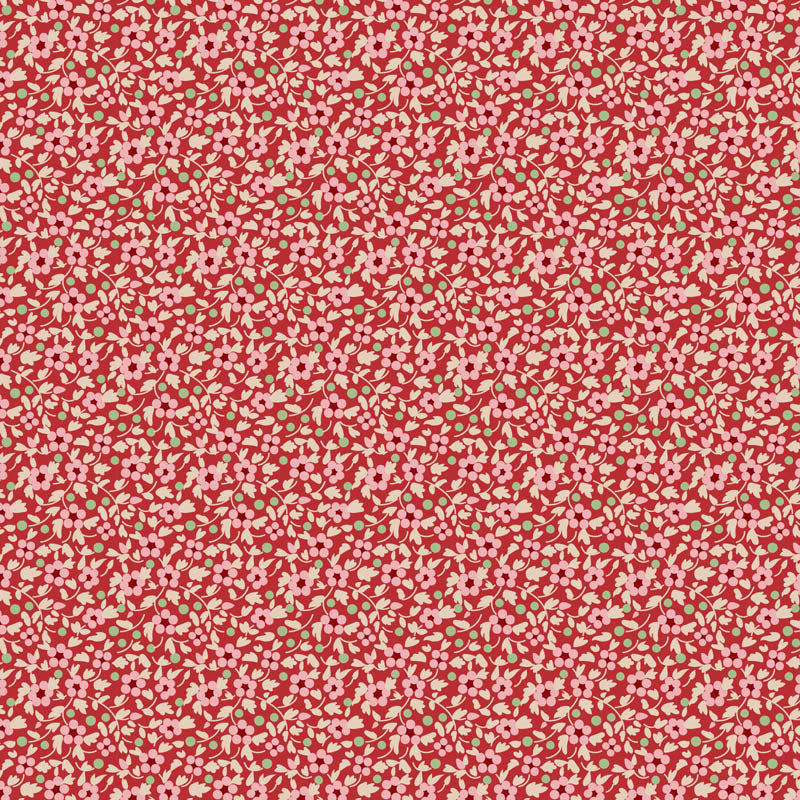 The Tilda Creating Memories Winter bundle pattern Brie Red (130149): A charming ditsy floral pattern in shades of red, white, and subtle green accents, perfect for creating a nostalgic feel. The collection is a cozy, seasonal basics line by Tone Finnanger, designed for quilting, dolls, and home decor. Focusing on rich red and muted green palettes, it features small-patterned prints, plaids, and wovens intended for winter, Christmas, or year-round projects.