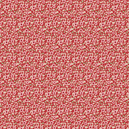 The Tilda Creating Memories Winter bundle pattern Brie Red (130149): A charming ditsy floral pattern in shades of red, white, and subtle green accents, perfect for creating a nostalgic feel. The collection is a cozy, seasonal basics line by Tone Finnanger, designed for quilting, dolls, and home decor. Focusing on rich red and muted green palettes, it features small-patterned prints, plaids, and wovens intended for winter, Christmas, or year-round projects.