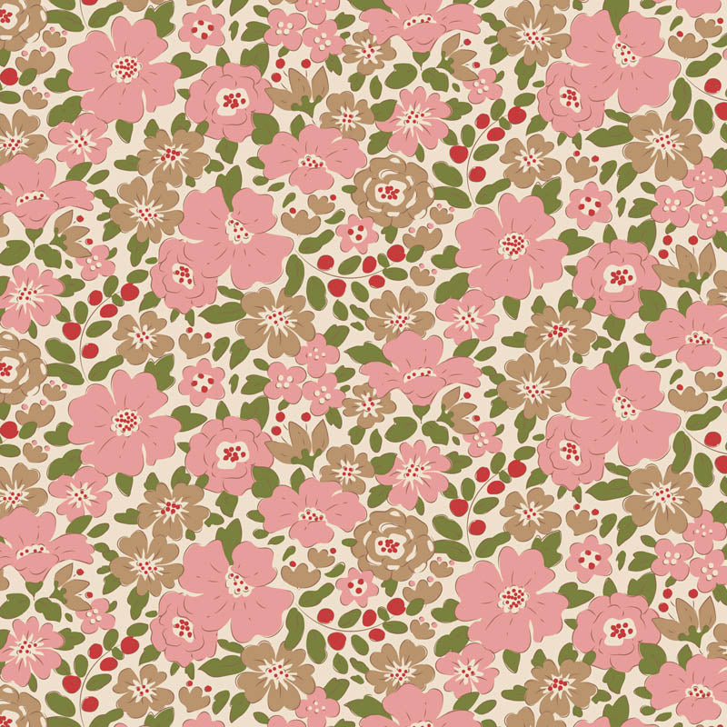 Tilda Creating Memories Winter Collection pattern Harper Pink is a 100% cotton floral print. Part of the "Winter Reds and Greens" colorway, it features dainty pink flowers and green leaves on a white background. Though released as part of a seasonal collection, it is intended to be a versatile "basic" for year-round projects like classic quilts and small appliqués