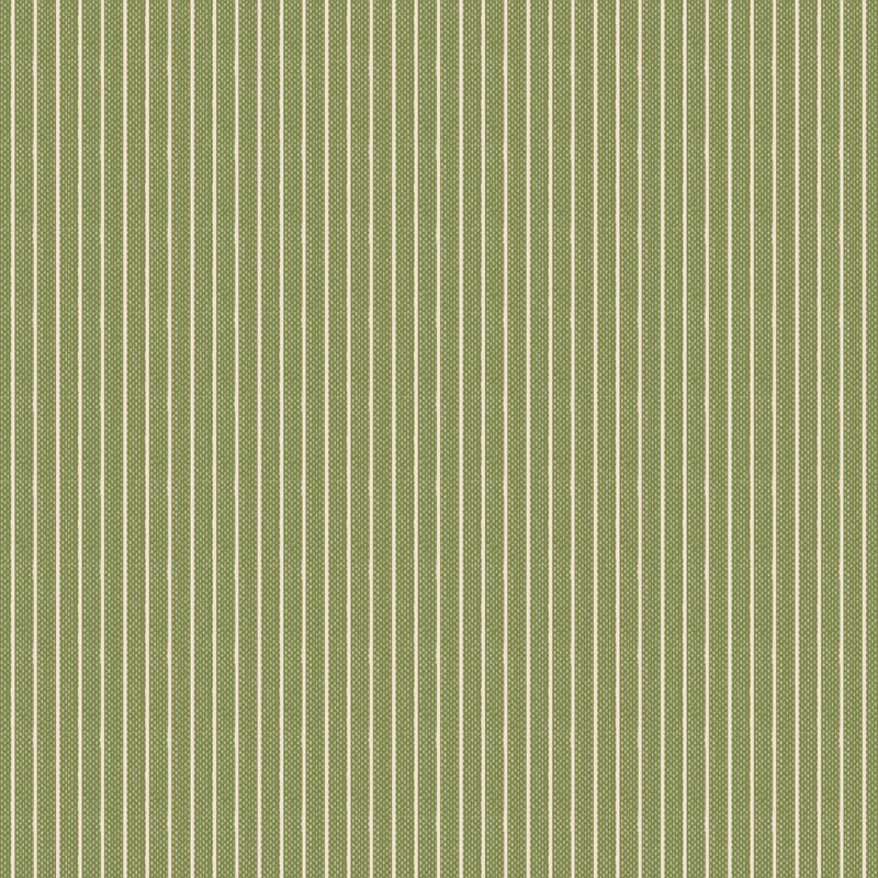The Tilda Creating Memories Winter bundle pattern Woven Stripe Green (160082): A yarn-dyed green and white woven stripe, perfect for binding or adding a contrasting festive color. The collection is a cozy, seasonal basics line by Tone Finnanger, designed for quilting, dolls, and home decor. Focusing on rich red and muted green palettes, it features small-patterned prints, plaids, and wovens intended for winter, Christmas, or year-round projects.