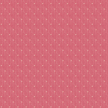 The Tilda Creating Memories Winter bundle pattern Woven Tinydot Red (160081): A classic woven red fabric with tiny, delicate white dots (or vice versa), adding a subtle texture to the collection. The collection is a cozy, seasonal basics line by Tone Finnanger, designed for quilting, dolls, and home decor. Focusing on rich red and muted green palettes, it features small-patterned prints, plaids, and wovens intended for winter, Christmas, or year-round projects.
