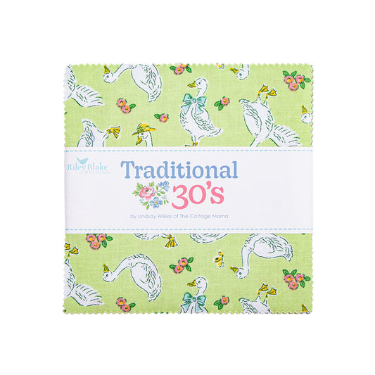 This 5" charm pack / precut bundle includes 42 pieces from the Traditional 30's fabric collection by Lindsay Wilkes for Riley Blake Designs. Patterns are inspired by classic 1930s Americana feedsack prints and vintage florals. Prints from the collection will be included 1-2 times in the bundle.