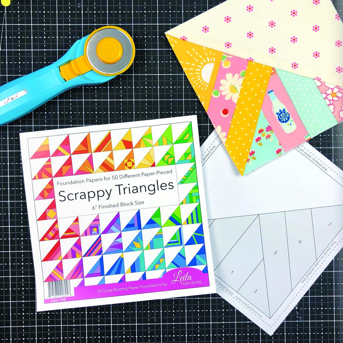 The pre-printed Scrappy Triangle foundation paper pieced pattern pad pad has 50 different Scrappy Triangle designs printed on lightweight foundation paper so they are easy to see through and remove. The Scrappy Triangle foundation pad includes  Supply/fabric requirements A link to an in-depth tutorial and video. Best for using your pile of scraps