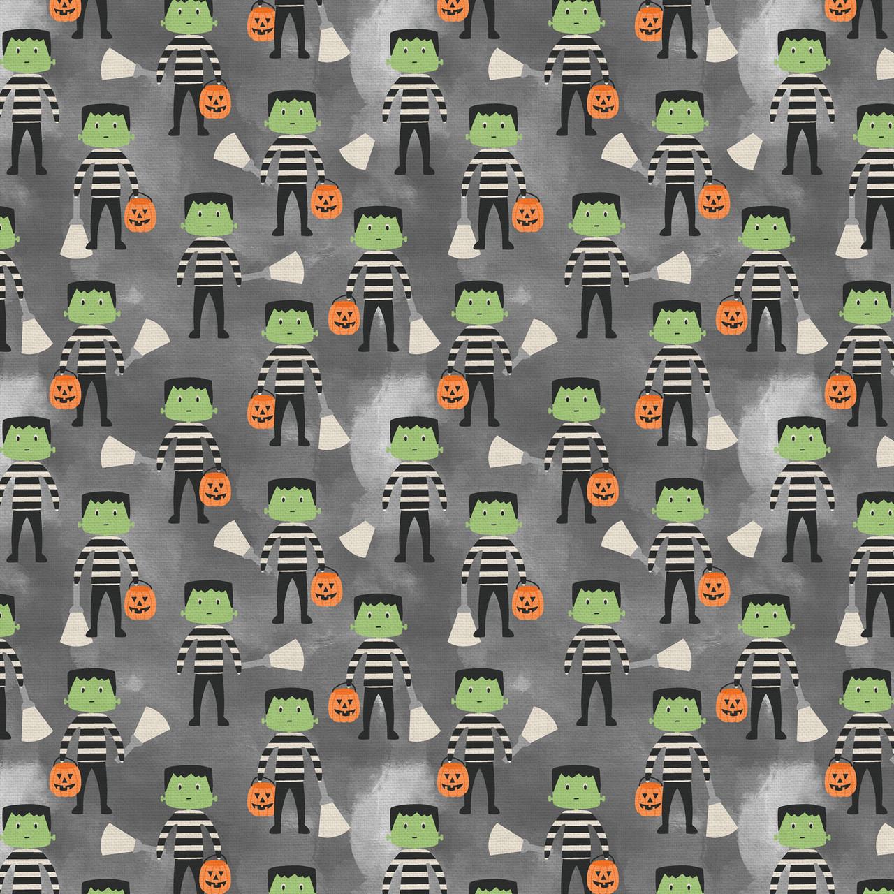 Tricks and Treat 100 cotton fabric collection, this pattern is Flashlight Frank: A whimsical pattern likely focusing on a friendly Frankenstein character, sometimes with lighthearted skulls and black cats. The collection is designed in a style that is "spooky but sweet" and is printed on 100% premium cotton, making it suitable for quilts and crafty Halloween projects.