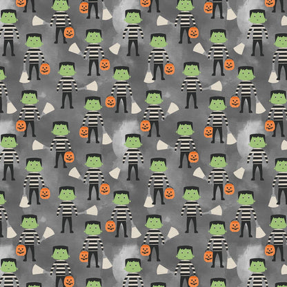 Tricks and Treat 100 cotton fabric collection, this pattern is Flashlight Frank: A whimsical pattern likely focusing on a friendly Frankenstein character, sometimes with lighthearted skulls and black cats. The collection is designed in a style that is "spooky but sweet" and is printed on 100% premium cotton, making it suitable for quilts and crafty Halloween projects.