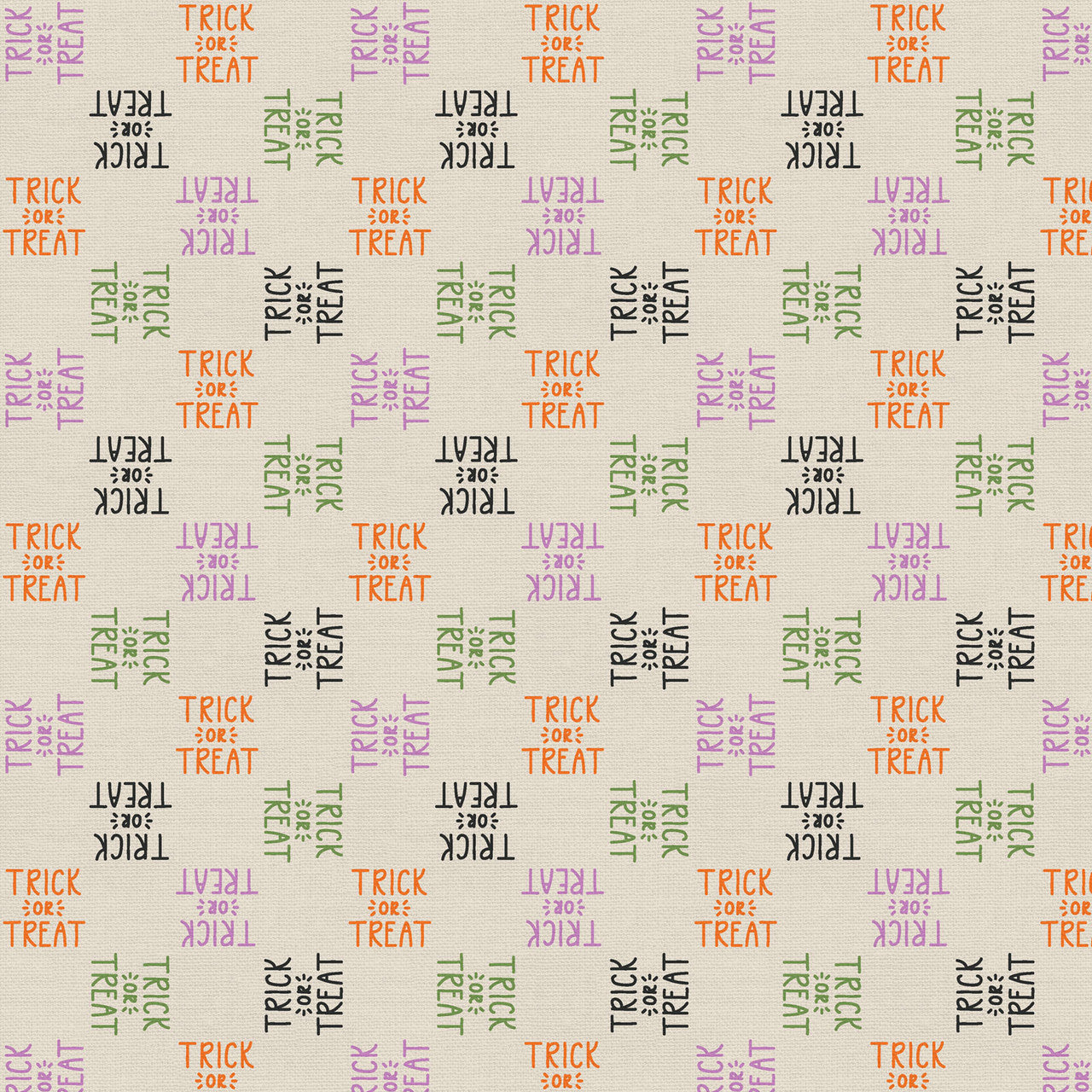 Tricks and Treat 100 cotton fabric collection, this pattern is Trick Or Treat Words: A multi-colored word-themed fabric that spells out spooky Halloween phrases and "Trick or Treat". The collection is designed in a style that is "spooky but sweet" and is printed on 100% premium cotton, making it suitable for quilts and crafty Halloween projects.