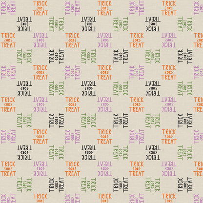 Tricks and Treat 100 cotton fabric collection, this pattern is Trick Or Treat Words: A multi-colored word-themed fabric that spells out spooky Halloween phrases and "Trick or Treat". The collection is designed in a style that is "spooky but sweet" and is printed on 100% premium cotton, making it suitable for quilts and crafty Halloween projects.