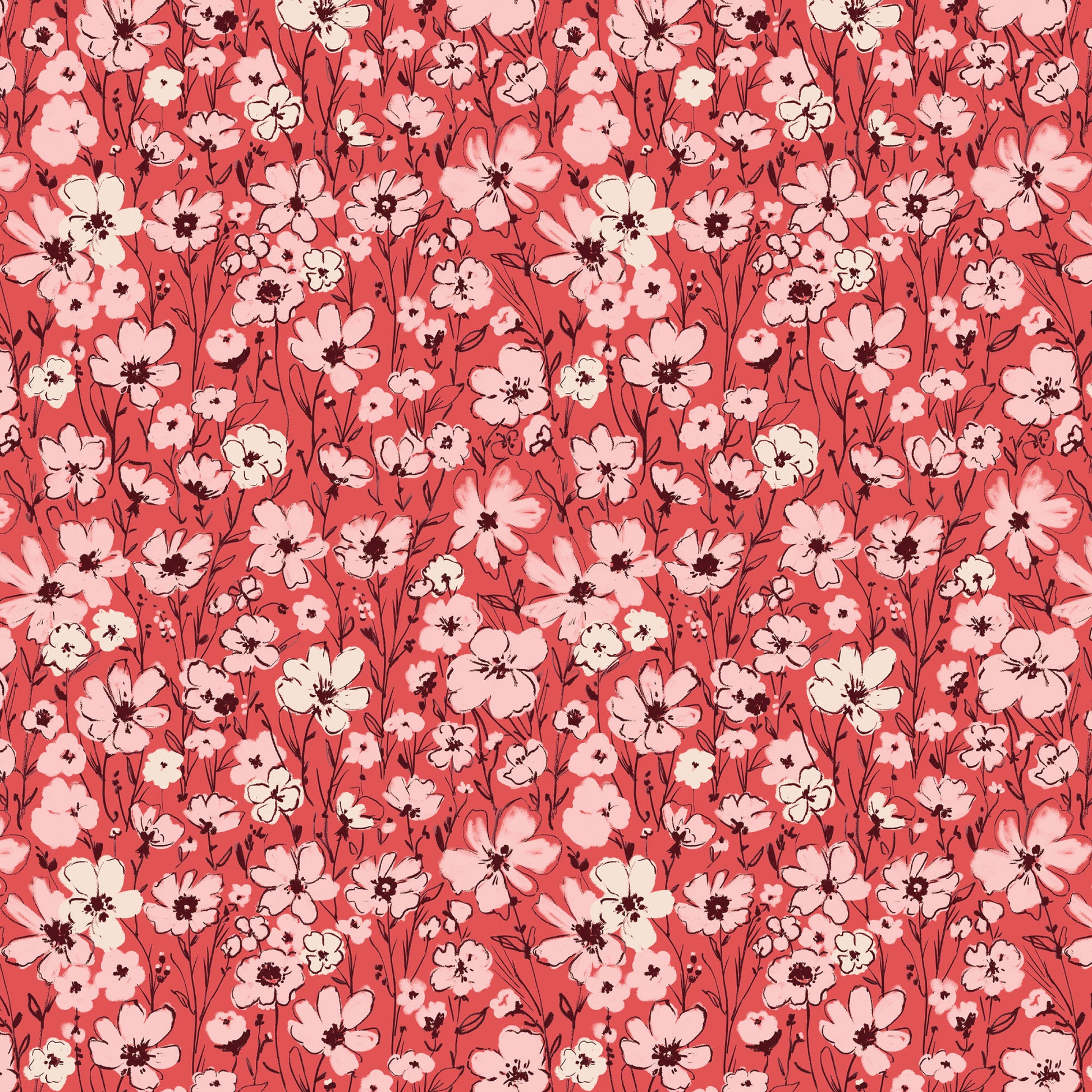This pattern is wildflower red from The Jubilant fabric collection, which is a summer-theme inspired by outdoor picnics and vintage celebration. Collection offers color of navy, red, blue, sand, cream with patterns Bold Florals: Inspired by summer gardens and vintage charm. Classic Gingham: Traditional checked patterns suitable for picnic-themed projects. Sweet Cherries: Playful fruit motifs that emphasize the summer theme. Dots and Spots: Geometric accents to complement the larger focal prints.