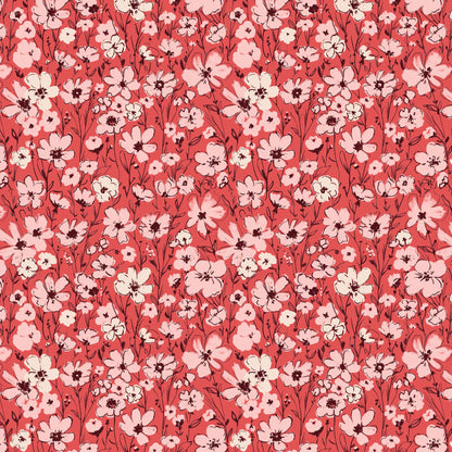This pattern is wildflower red from The Jubilant fabric collection, which is a summer-theme inspired by outdoor picnics and vintage celebration. Collection offers color of navy, red, blue, sand, cream with patterns Bold Florals: Inspired by summer gardens and vintage charm. Classic Gingham: Traditional checked patterns suitable for picnic-themed projects. Sweet Cherries: Playful fruit motifs that emphasize the summer theme. Dots and Spots: Geometric accents to complement the larger focal prints.