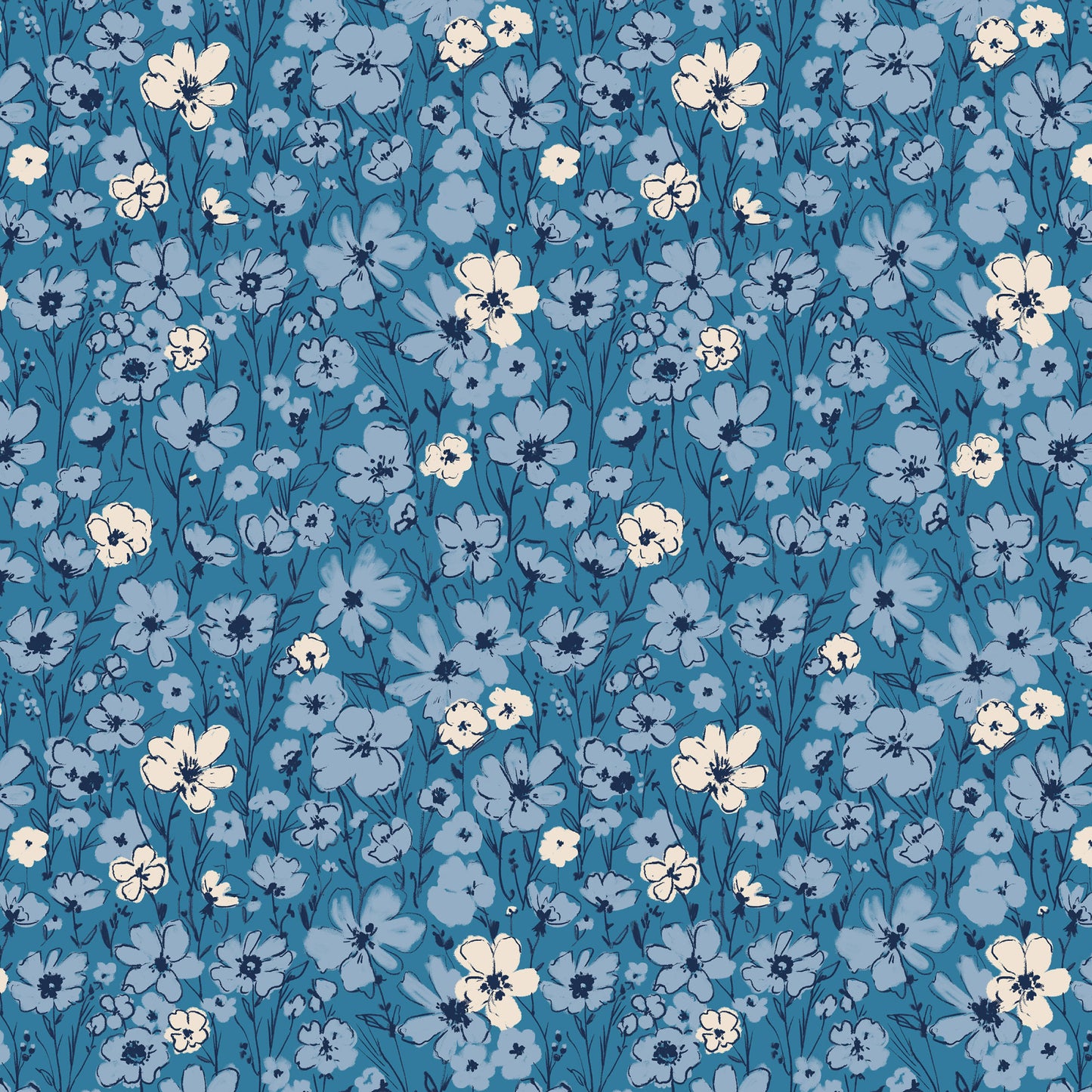 This pattern wildflower blue from The Jubilant fabric collection, which is a summer-theme inspired by outdoor picnics and vintage celebration. Collection offers color of navy, red, blue, sand, cream with patterns Bold Florals: Inspired by summer gardens and vintage charm. Classic Gingham: Traditional checked patterns suitable for picnic-themed projects. Sweet Cherries: Playful fruit motifs that emphasize the summer theme. Dots and Spots: Geometric accents to complement the larger focal prints.