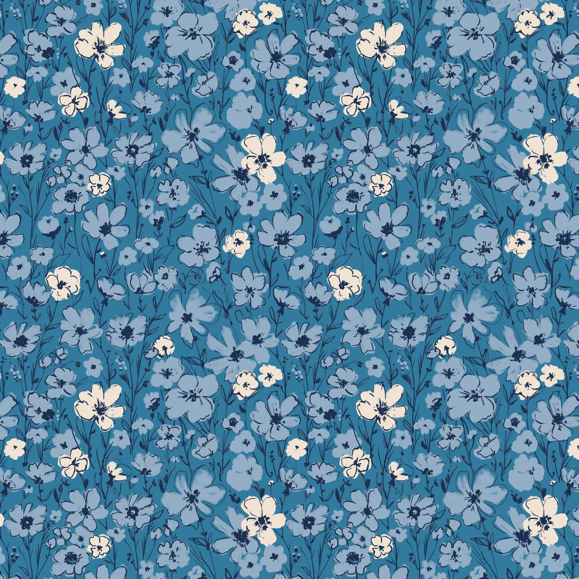 This pattern wildflower blue from The Jubilant fabric collection, which is a summer-theme inspired by outdoor picnics and vintage celebration. Collection offers color of navy, red, blue, sand, cream with patterns Bold Florals: Inspired by summer gardens and vintage charm. Classic Gingham: Traditional checked patterns suitable for picnic-themed projects. Sweet Cherries: Playful fruit motifs that emphasize the summer theme. Dots and Spots: Geometric accents to complement the larger focal prints.