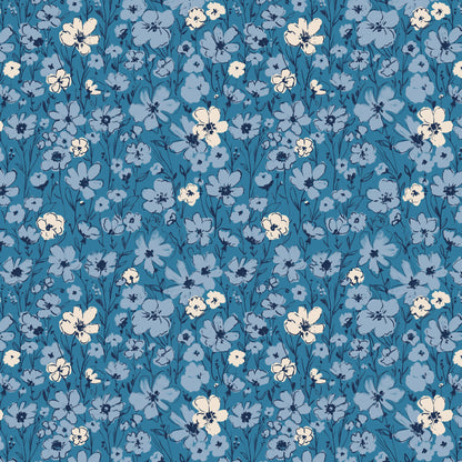 This pattern wildflower blue from The Jubilant fabric collection, which is a summer-theme inspired by outdoor picnics and vintage celebration. Collection offers color of navy, red, blue, sand, cream with patterns Bold Florals: Inspired by summer gardens and vintage charm. Classic Gingham: Traditional checked patterns suitable for picnic-themed projects. Sweet Cherries: Playful fruit motifs that emphasize the summer theme. Dots and Spots: Geometric accents to complement the larger focal prints.