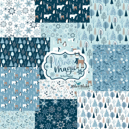 Winter Magic by Dani Mogstad for Riley Blake Designs is a cozy, charming fabric line featuring arctic animals, snowy forests, and delicate florals in a palette of navy, aqua, blue, white, and warm tea-dye brown. The collection includes prints of snowflakes, sweaters, and trees, centered around a "everything is magical when it snows" panel