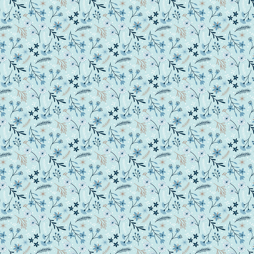 Winter Magic by Dani Mogstad for Riley Blake Designs image features floral aqua which are randomly placed Wintry flowers, leaves, and berries. The collection is a cozy, charming fabric line featuring arctic animals, snowy forests, and delicate florals in a palette of navy, aqua, blue, white, and warm tea-dye brown. The collection includes prints of snowflakes, sweaters, and trees, centered around a "everything is magical when it snows" panel