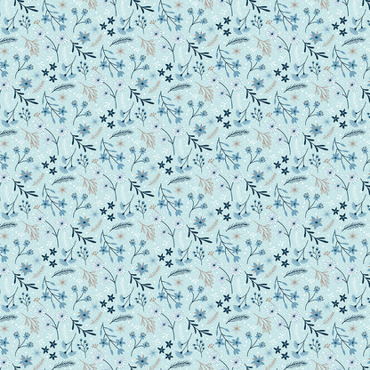 Winter Magic by Dani Mogstad for Riley Blake Designs image features floral aqua which are randomly placed Wintry flowers, leaves, and berries. The collection is a cozy, charming fabric line featuring arctic animals, snowy forests, and delicate florals in a palette of navy, aqua, blue, white, and warm tea-dye brown. The collection includes prints of snowflakes, sweaters, and trees, centered around a "everything is magical when it snows" panel