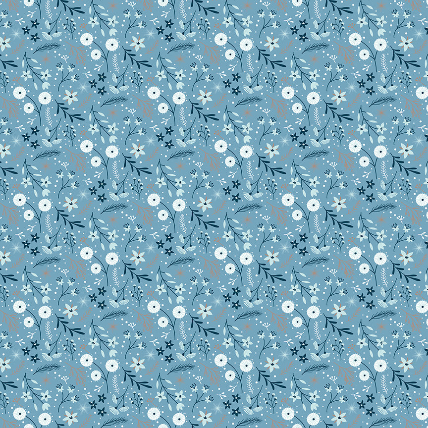 Winter Magic by Dani Mogstad for Riley Blake Designs image features floral blue which are randomly placed Wintry flowers, leaves, and berries. The collection is a cozy, charming fabric line featuring arctic animals, snowy forests, and delicate florals in a palette of navy, aqua, blue, white, and warm tea-dye brown. The collection includes prints of snowflakes, sweaters, and trees, centered around a "everything is magical when it snows" panel