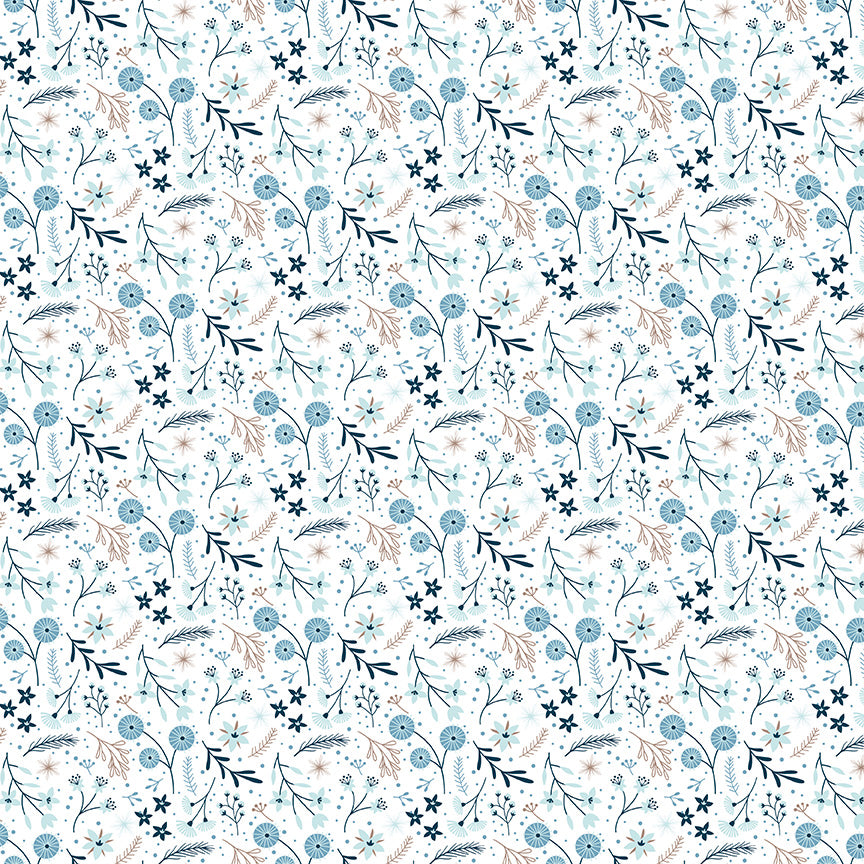 Winter Magic by Dani Mogstad for Riley Blake Designs image features floral white which are randomly placed Wintry flowers, leaves, and berries. The collection is a cozy, charming fabric line featuring arctic animals, snowy forests, and delicate florals in a palette of navy, aqua, blue, white, and warm tea-dye brown. The collection includes prints of snowflakes, sweaters, and trees, centered around a "everything is magical when it snows" panel