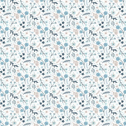 Winter Magic by Dani Mogstad for Riley Blake Designs image features floral white which are randomly placed Wintry flowers, leaves, and berries. The collection is a cozy, charming fabric line featuring arctic animals, snowy forests, and delicate florals in a palette of navy, aqua, blue, white, and warm tea-dye brown. The collection includes prints of snowflakes, sweaters, and trees, centered around a "everything is magical when it snows" panel