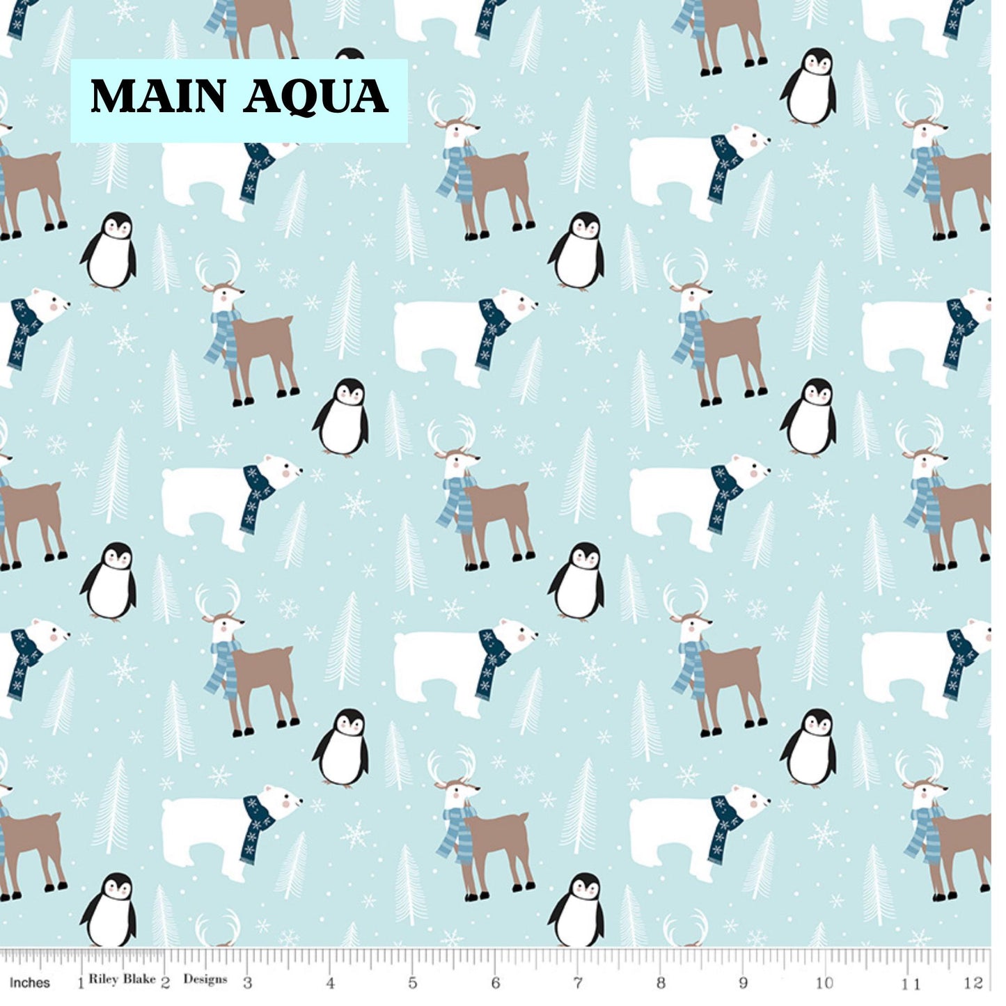Winter Magic by Dani Mogstad for Riley Blake Designs image features the main pattern in aqua with  a detailed scene with polar bears, penguins, reindeer, and pine trees surrounded by snowy dot. The collection is a cozy, charming fabric line featuring arctic animals, snowy forests, and delicate florals in a palette of navy, aqua, blue, white, and warm tea-dye brown. The collection includes prints of snowflakes, sweaters, and trees, centered around a "everything is magical when it snows" panel