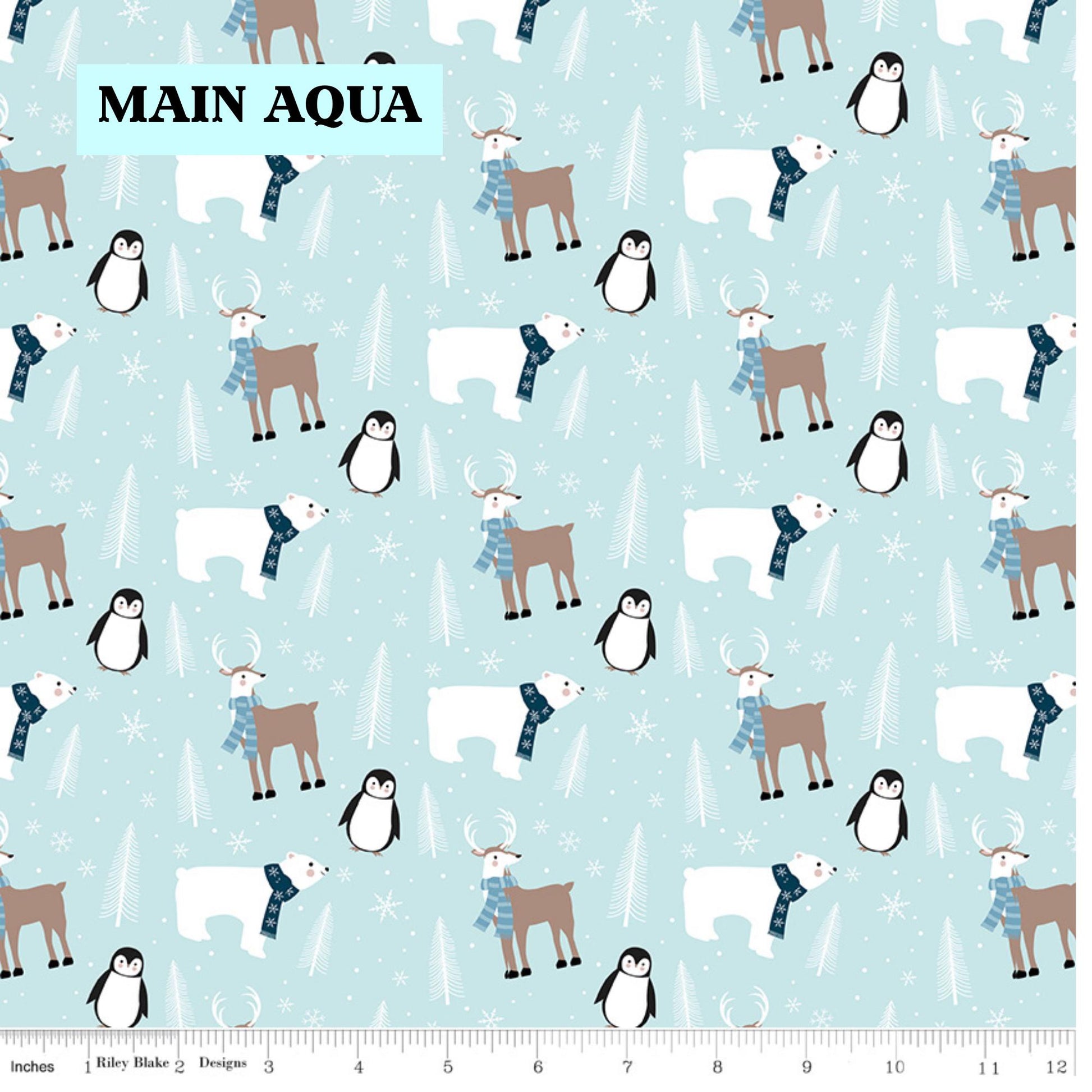 Winter Magic by Dani Mogstad for Riley Blake Designs image features the main pattern in aqua with  a detailed scene with polar bears, penguins, reindeer, and pine trees surrounded by snowy dot. The collection is a cozy, charming fabric line featuring arctic animals, snowy forests, and delicate florals in a palette of navy, aqua, blue, white, and warm tea-dye brown. The collection includes prints of snowflakes, sweaters, and trees, centered around a "everything is magical when it snows" panel