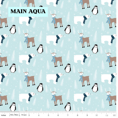 Winter Magic by Dani Mogstad for Riley Blake Designs image features the main pattern in aqua with  a detailed scene with polar bears, penguins, reindeer, and pine trees surrounded by snowy dot. The collection is a cozy, charming fabric line featuring arctic animals, snowy forests, and delicate florals in a palette of navy, aqua, blue, white, and warm tea-dye brown. The collection includes prints of snowflakes, sweaters, and trees, centered around a "everything is magical when it snows" panel