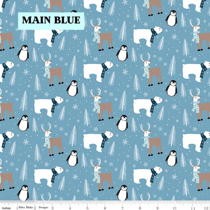 Winter Magic by Dani Mogstad for Riley Blake Designs image features the main pattern in blue with  a detailed scene with polar bears, penguins, reindeer, and pine trees surrounded by snowy dot. The collection is a cozy, charming fabric line featuring arctic animals, snowy forests, and delicate florals in a palette of navy, aqua, blue, white, and warm tea-dye brown. The collection includes prints of snowflakes, sweaters, and trees, centered around a "everything is magical when it snows" panel