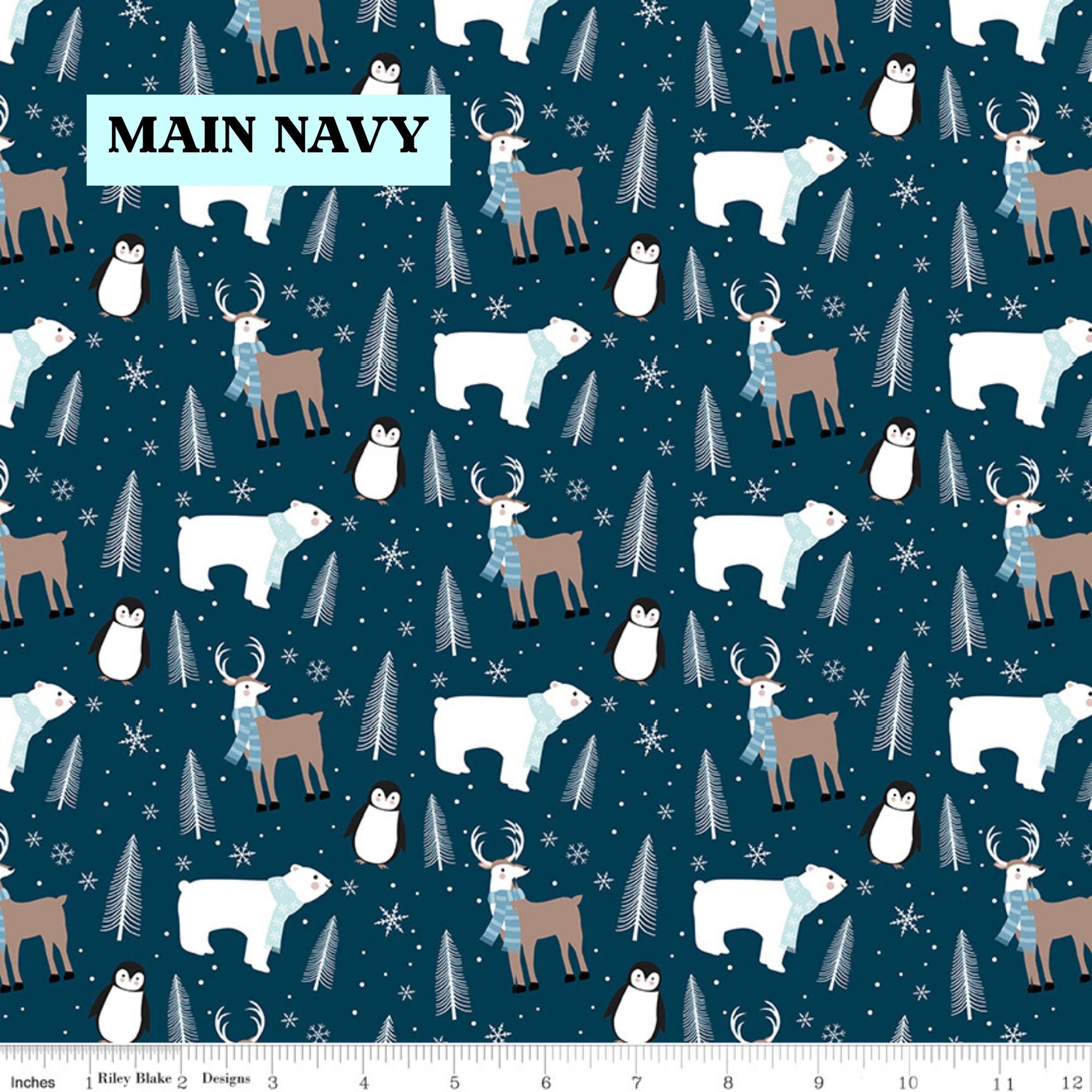 Winter Magic by Dani Mogstad for Riley Blake Designs image features the main pattern in navy with  a detailed scene with polar bears, penguins, reindeer, and pine trees surrounded by snowy dot. The collection is a cozy, charming fabric line featuring arctic animals, snowy forests, and delicate florals in a palette of navy, aqua, blue, white, and warm tea-dye brown. The collection includes prints of snowflakes, sweaters, and trees, centered around a "everything is magical when it snows" panel