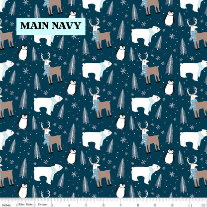 Winter Magic by Dani Mogstad for Riley Blake Designs image features the main pattern in navy with  a detailed scene with polar bears, penguins, reindeer, and pine trees surrounded by snowy dot. The collection is a cozy, charming fabric line featuring arctic animals, snowy forests, and delicate florals in a palette of navy, aqua, blue, white, and warm tea-dye brown. The collection includes prints of snowflakes, sweaters, and trees, centered around a "everything is magical when it snows" panel