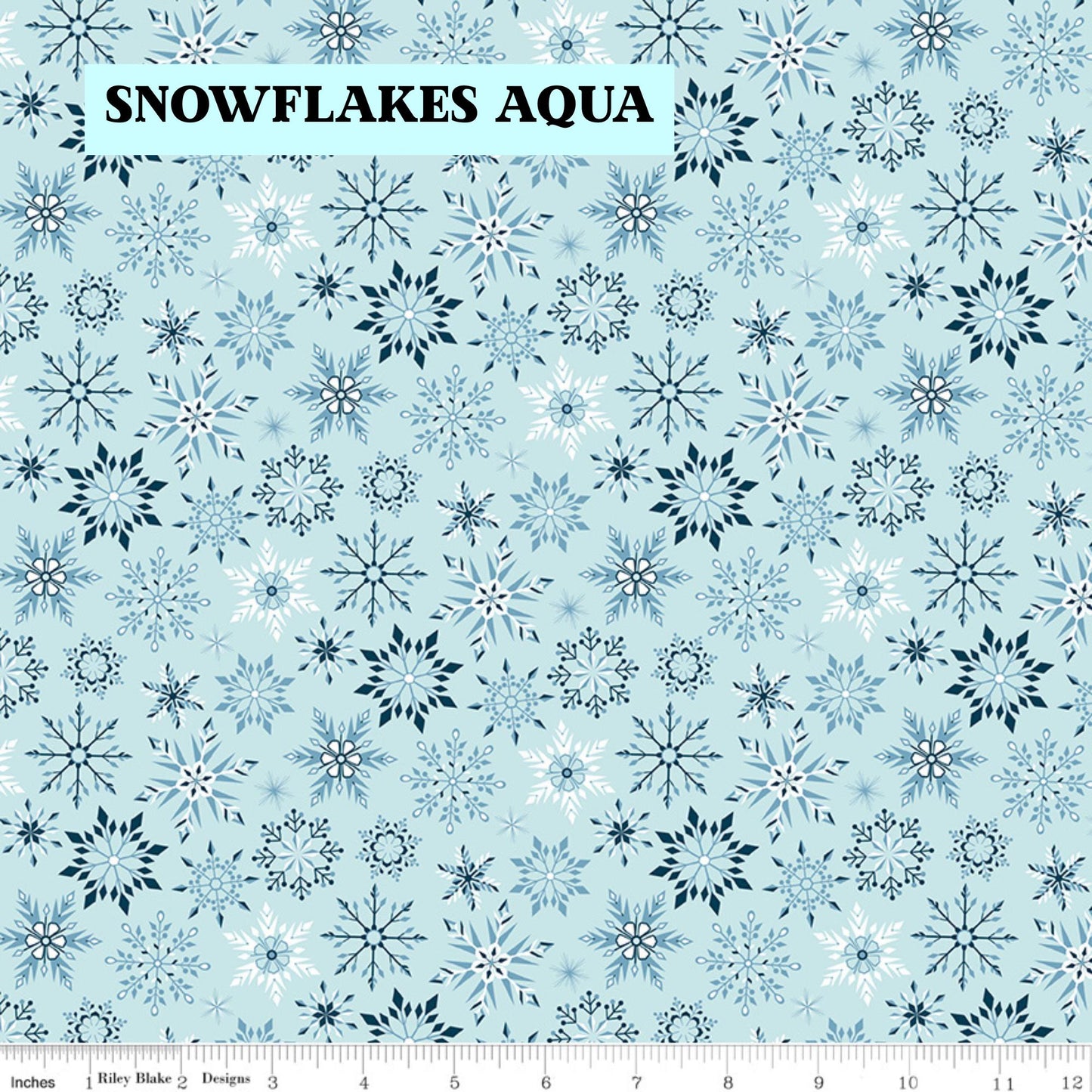 Winter Magic by Dani Mogstad for Riley Blake Designs image features snowflakes aqua detailed snowflake in different patterns. The collection is a cozy, charming fabric line featuring arctic animals, snowy forests, and delicate florals in a palette of navy, aqua, blue, white, and warm tea-dye brown. The collection includes prints of snowflakes, sweaters, and trees, centered around a "everything is magical when it snows" panel