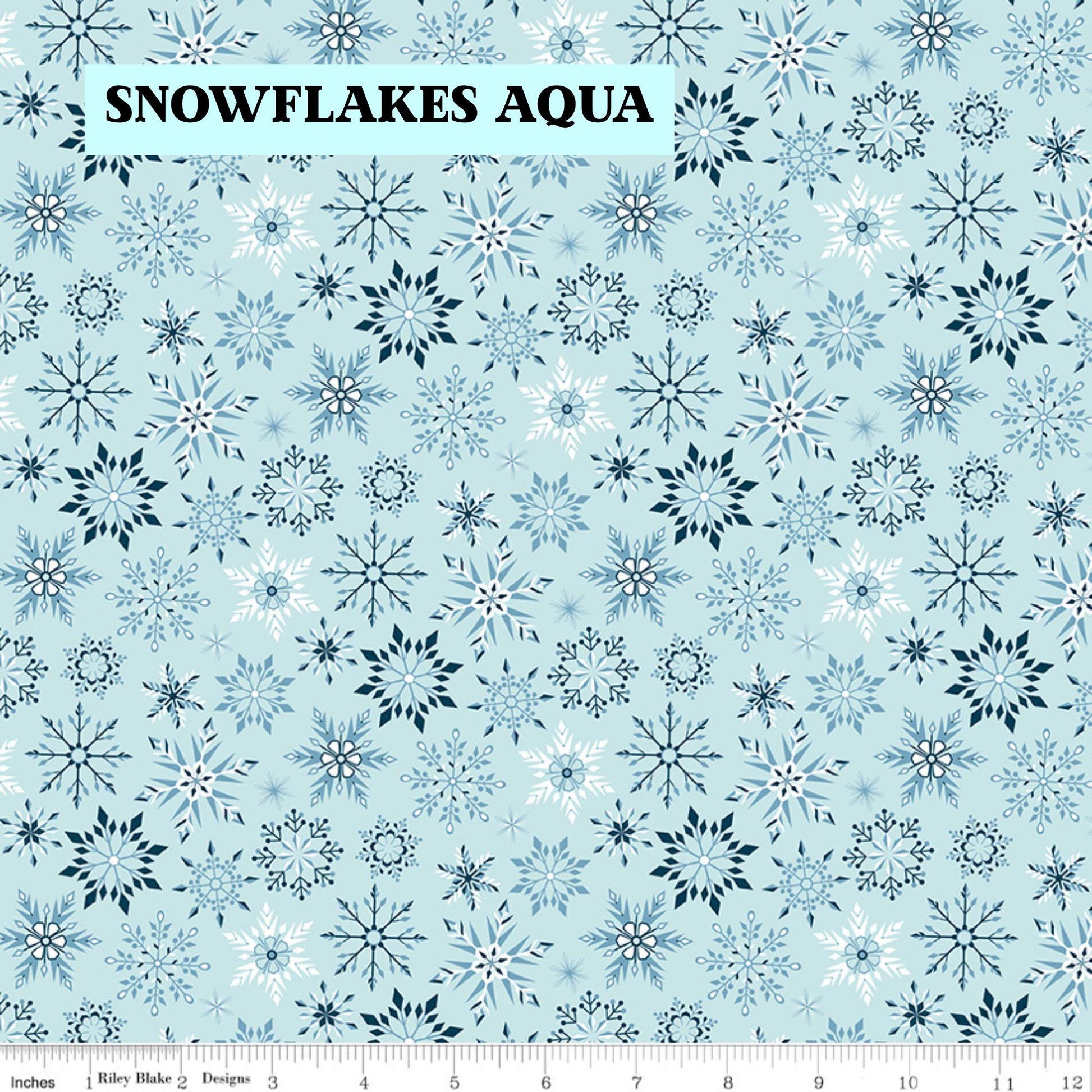 Winter Magic by Dani Mogstad for Riley Blake Designs image features snowflakes aqua detailed snowflake in different patterns. The collection is a cozy, charming fabric line featuring arctic animals, snowy forests, and delicate florals in a palette of navy, aqua, blue, white, and warm tea-dye brown. The collection includes prints of snowflakes, sweaters, and trees, centered around a "everything is magical when it snows" panel