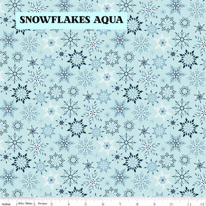 Winter Magic by Dani Mogstad for Riley Blake Designs image features snowflakes aqua detailed snowflake in different patterns. The collection is a cozy, charming fabric line featuring arctic animals, snowy forests, and delicate florals in a palette of navy, aqua, blue, white, and warm tea-dye brown. The collection includes prints of snowflakes, sweaters, and trees, centered around a "everything is magical when it snows" panel