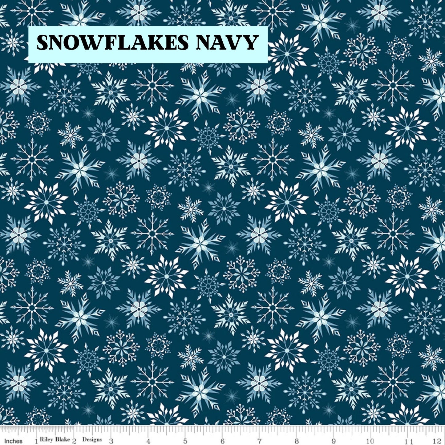Winter Magic by Dani Mogstad for Riley Blake Designs image features snowflakes navy detailed snowflake in different patterns. The collection is a cozy, charming fabric line featuring arctic animals, snowy forests, and delicate florals in a palette of navy, aqua, blue, white, and warm tea-dye brown. The collection includes prints of snowflakes, sweaters, and trees, centered around a "everything is magical when it snows" panel