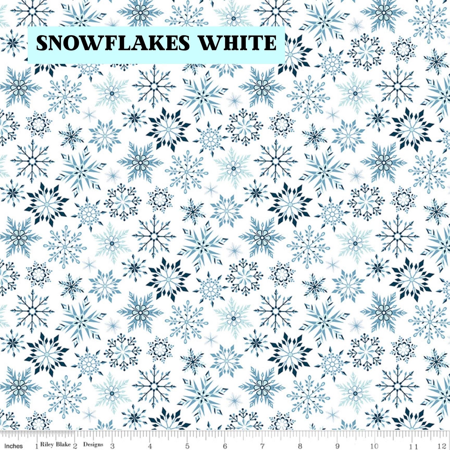 Winter Magic by Dani Mogstad for Riley Blake Designs image features snowflakes white detailed snowflake in different patterns. The collection is a cozy, charming fabric line featuring arctic animals, snowy forests, and delicate florals in a palette of navy, aqua, blue, white, and warm tea-dye brown. The collection includes prints of snowflakes, sweaters, and trees, centered around a "everything is magical when it snows" panel