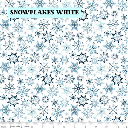Winter Magic by Dani Mogstad for Riley Blake Designs image features snowflakes white detailed snowflake in different patterns. The collection is a cozy, charming fabric line featuring arctic animals, snowy forests, and delicate florals in a palette of navy, aqua, blue, white, and warm tea-dye brown. The collection includes prints of snowflakes, sweaters, and trees, centered around a "everything is magical when it snows" panel