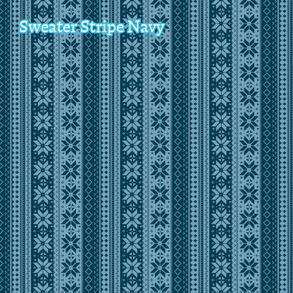 Winter Magic by Dani Mogstad for Riley Blake Designs image features sweater strip navy  A cozy knit-look texture pattern. The collection is a cozy, charming fabric line featuring arctic animals, snowy forests, and delicate florals in a palette of navy, aqua, blue, white, and warm tea-dye brown. The collection includes prints of snowflakes, sweaters, and trees, centered around a "everything is magical when it snows" panel