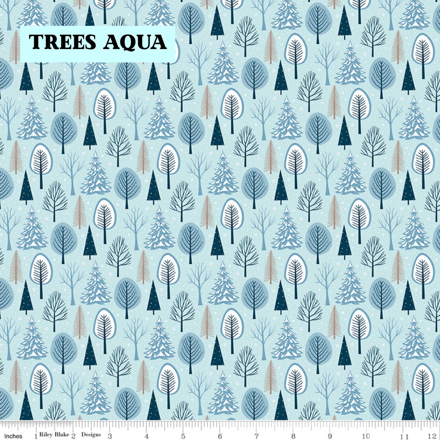 Winter Magic by Dani Mogstad for Riley Blake Designs image features Trees aqua featuring tiny pine trees dusted with snow. The collection is a cozy, charming fabric line featuring arctic animals, snowy forests, and delicate florals in a palette of navy, aqua, blue, white, and warm tea-dye brown. The collection includes prints of snowflakes, sweaters, and trees, centered around a "everything is magical when it snows" panel