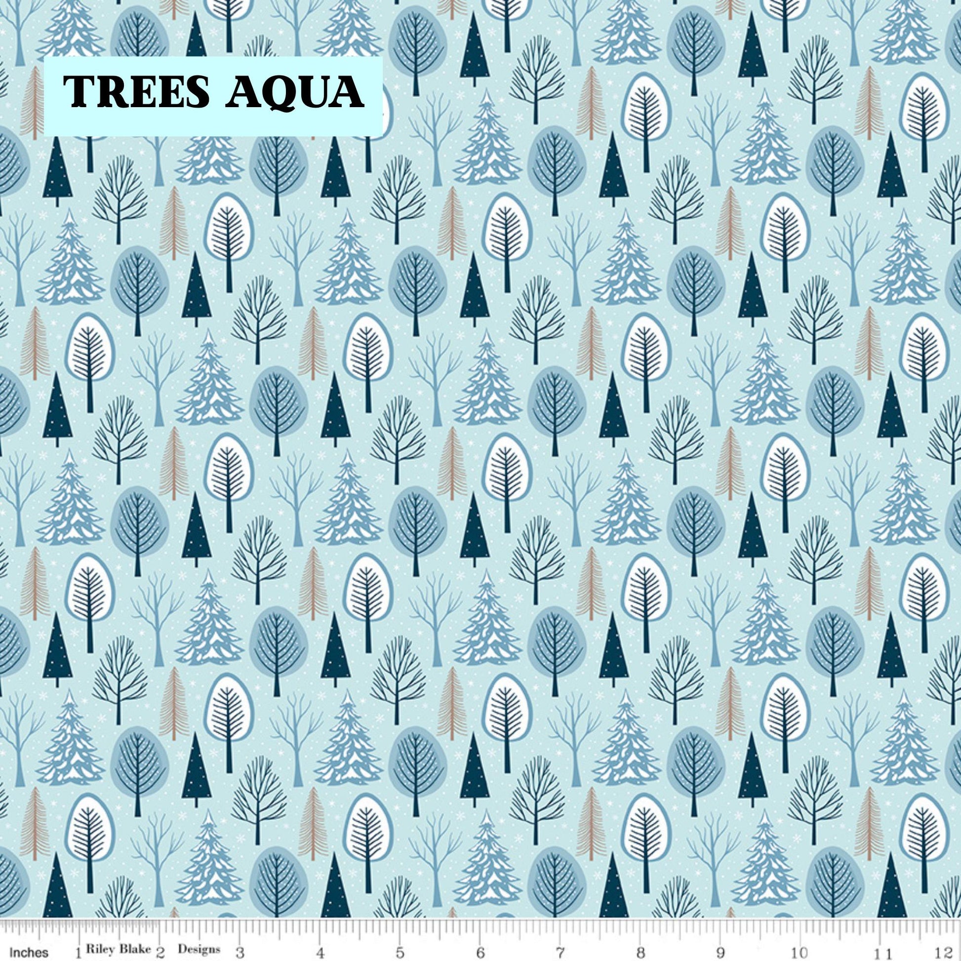 Winter Magic by Dani Mogstad for Riley Blake Designs image features Trees aqua featuring tiny pine trees dusted with snow. The collection is a cozy, charming fabric line featuring arctic animals, snowy forests, and delicate florals in a palette of navy, aqua, blue, white, and warm tea-dye brown. The collection includes prints of snowflakes, sweaters, and trees, centered around a "everything is magical when it snows" panel